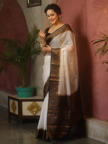 White Black Semi Silk Saree Zari Border