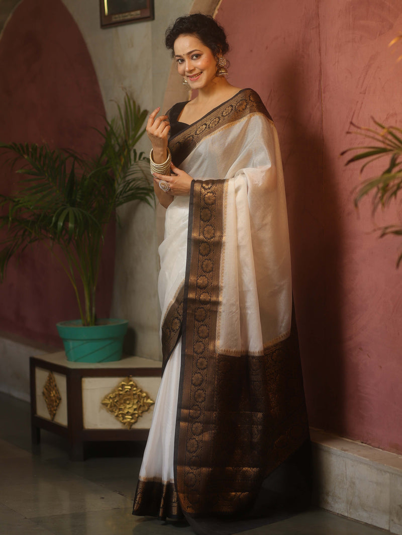 White Black Semi Silk Saree Zari Border