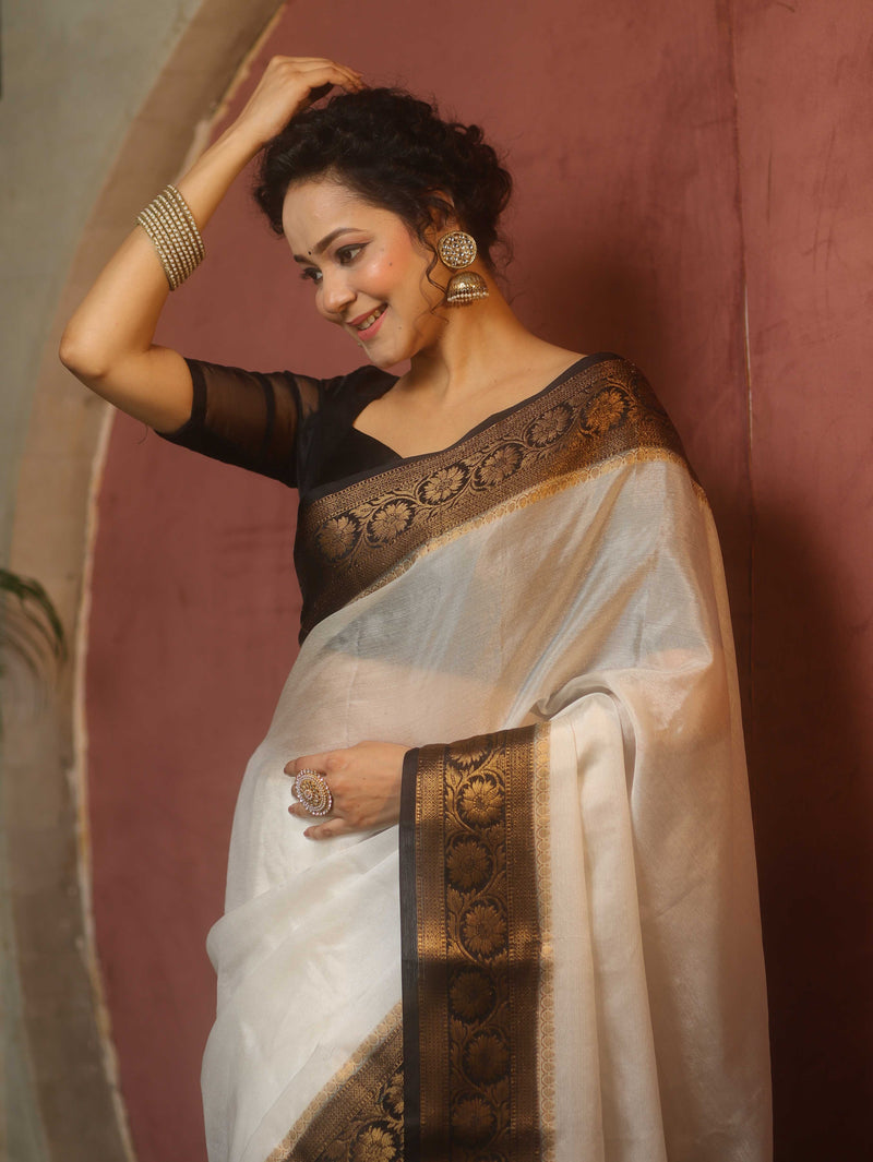 White Black Semi Silk Saree Zari Border