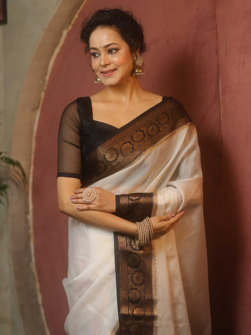 White Black Semi Silk Saree Zari Border