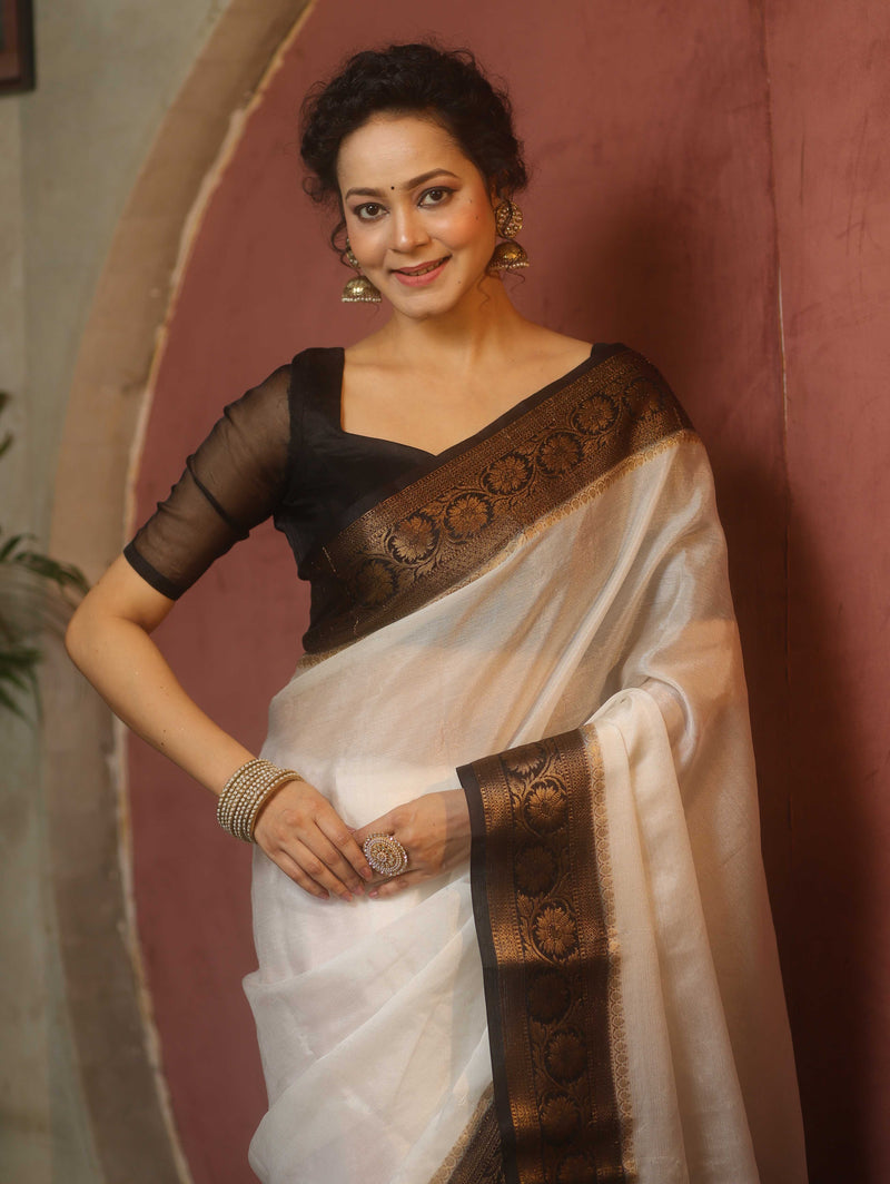 White Black Semi Silk Saree Zari Border