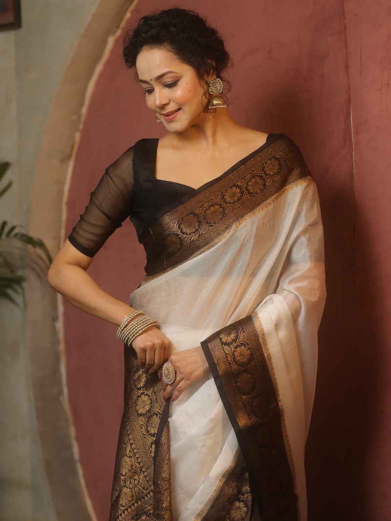 White Black Semi Silk Saree Zari Border