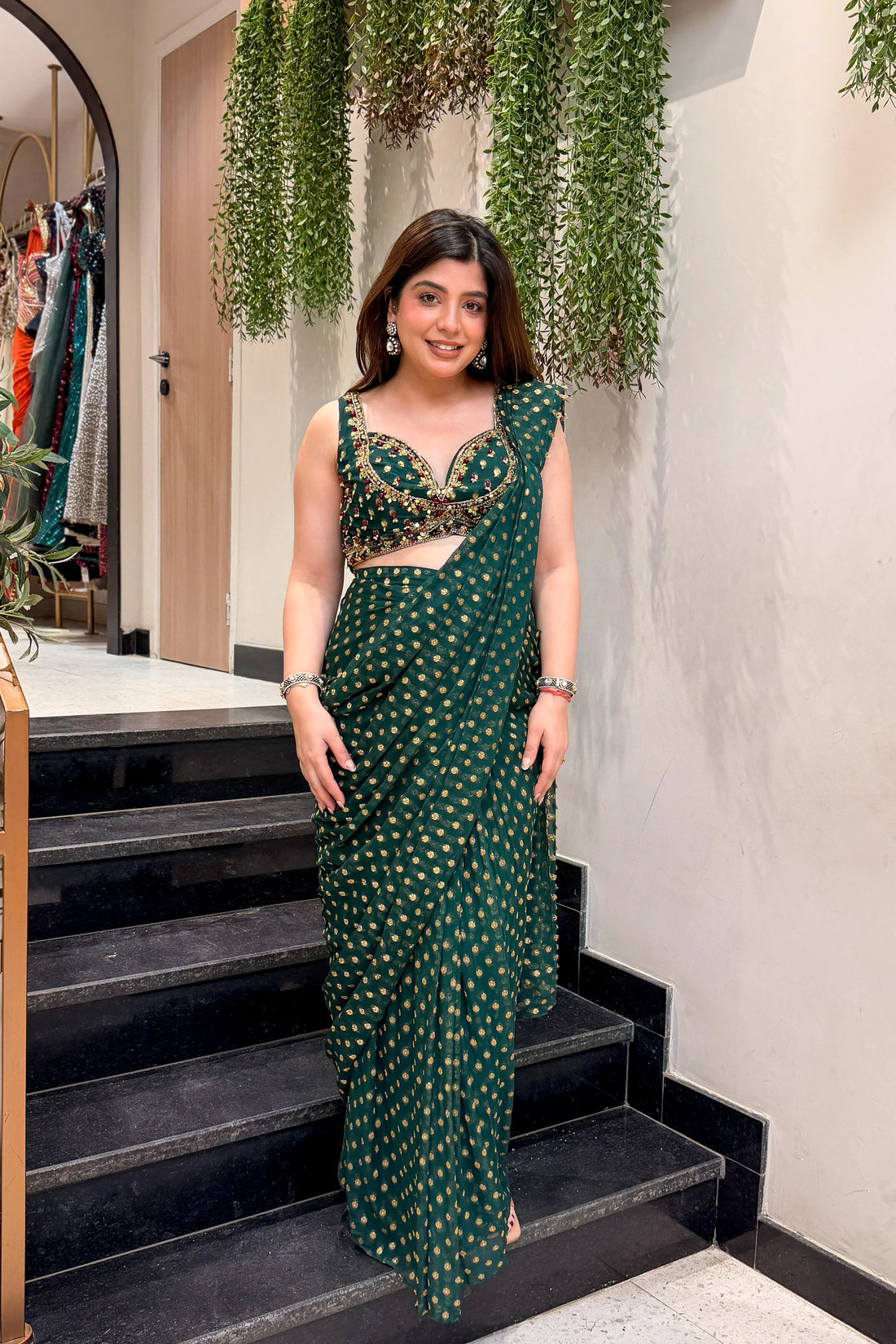 Bandhani Georgette Pre-Draped Saree with Embroidered Blouse