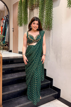 Bandhani Georgette Pre-Draped Saree with Embroidered Blouse