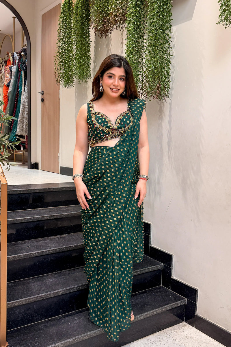 Bandhani Georgette Pre-Draped Saree with Embroidered Blouse