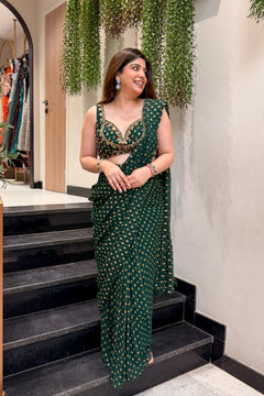 Bandhani Georgette Pre-Draped Saree with Embroidered Blouse