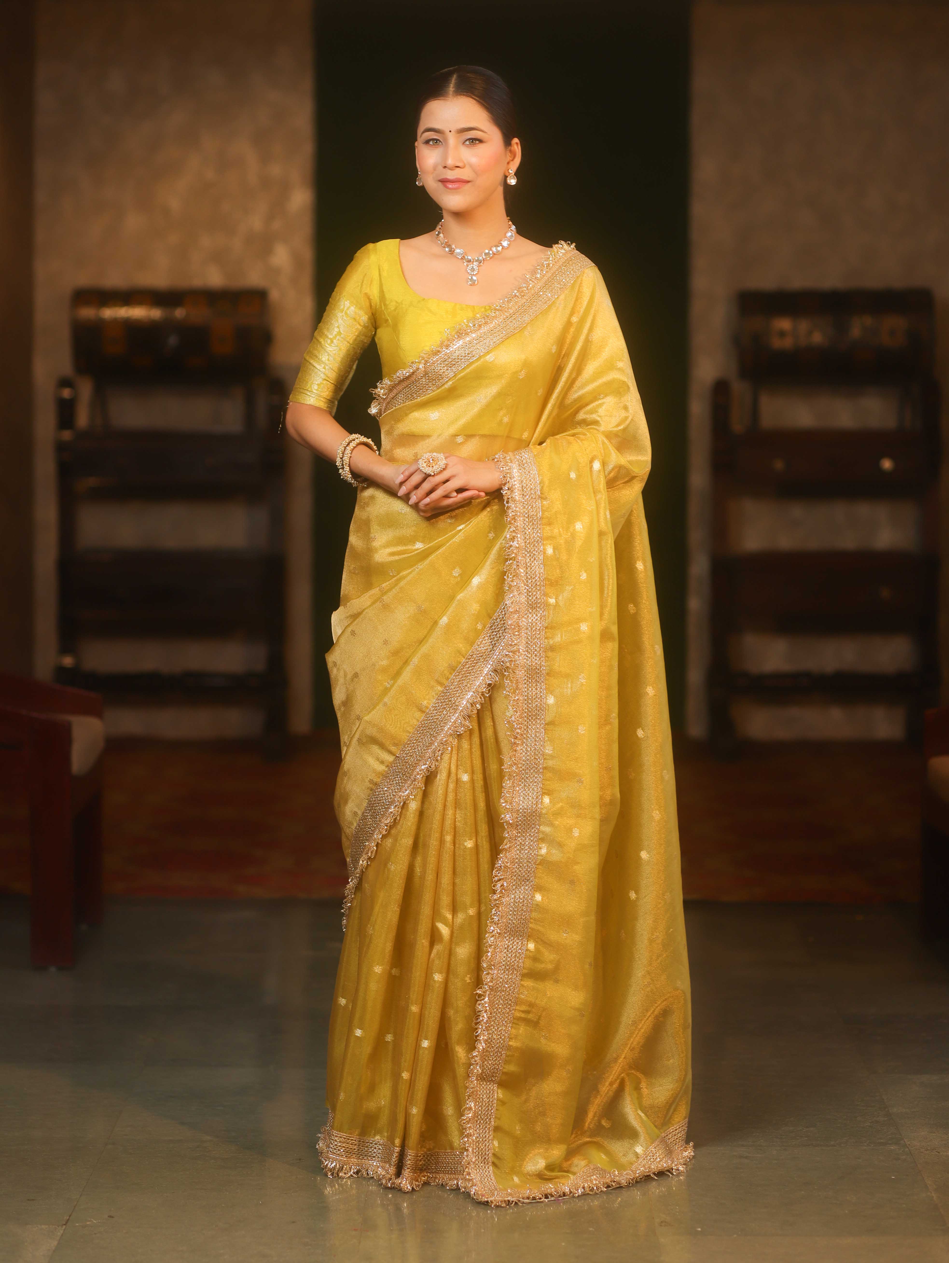 Tissue Mustard Yellow Saree with Zari Buti & Lace