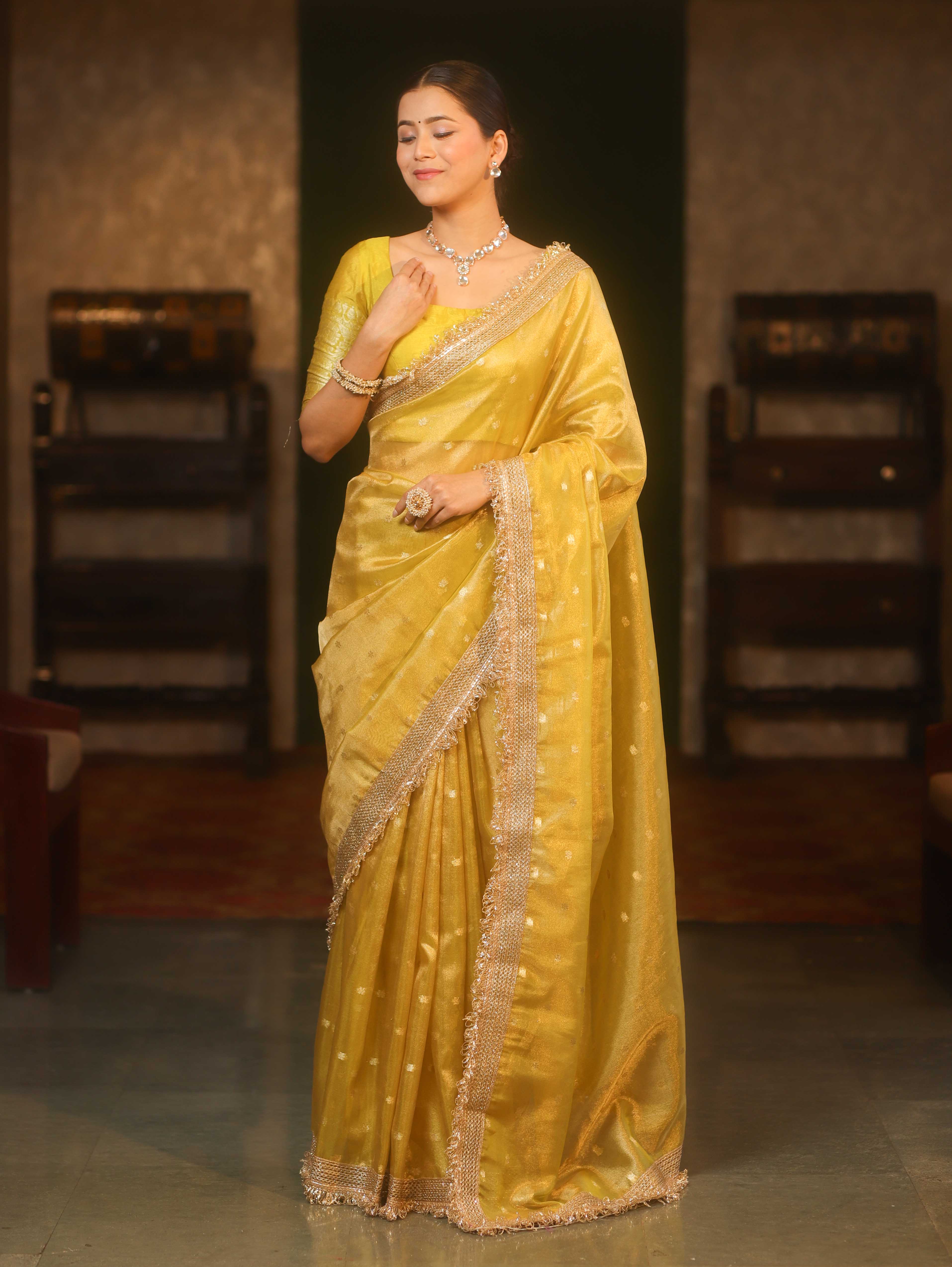 Tissue Mustard Yellow Saree with Zari Buti & Lace