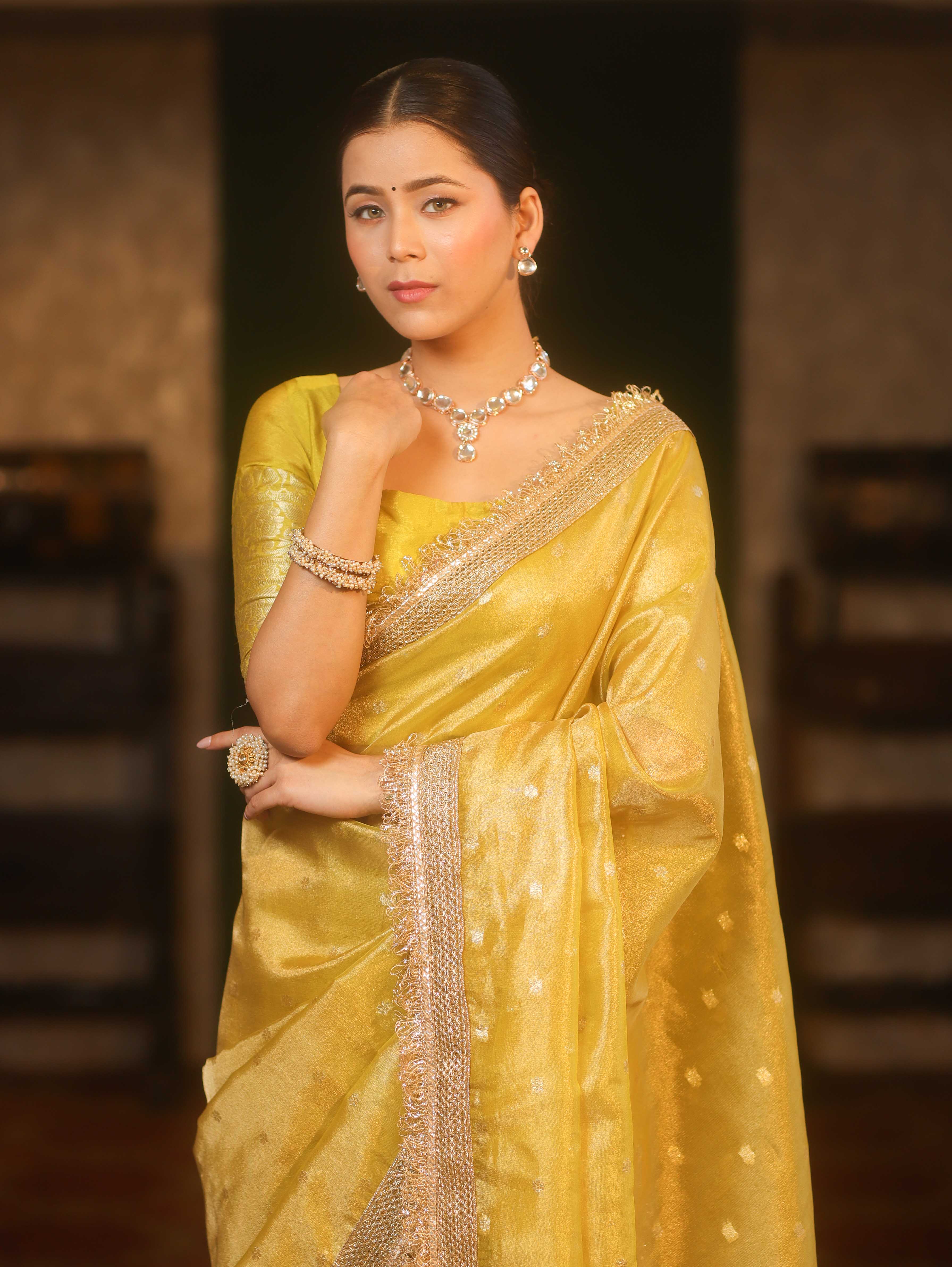 Tissue Mustard Yellow Saree with Zari Buti & Lace