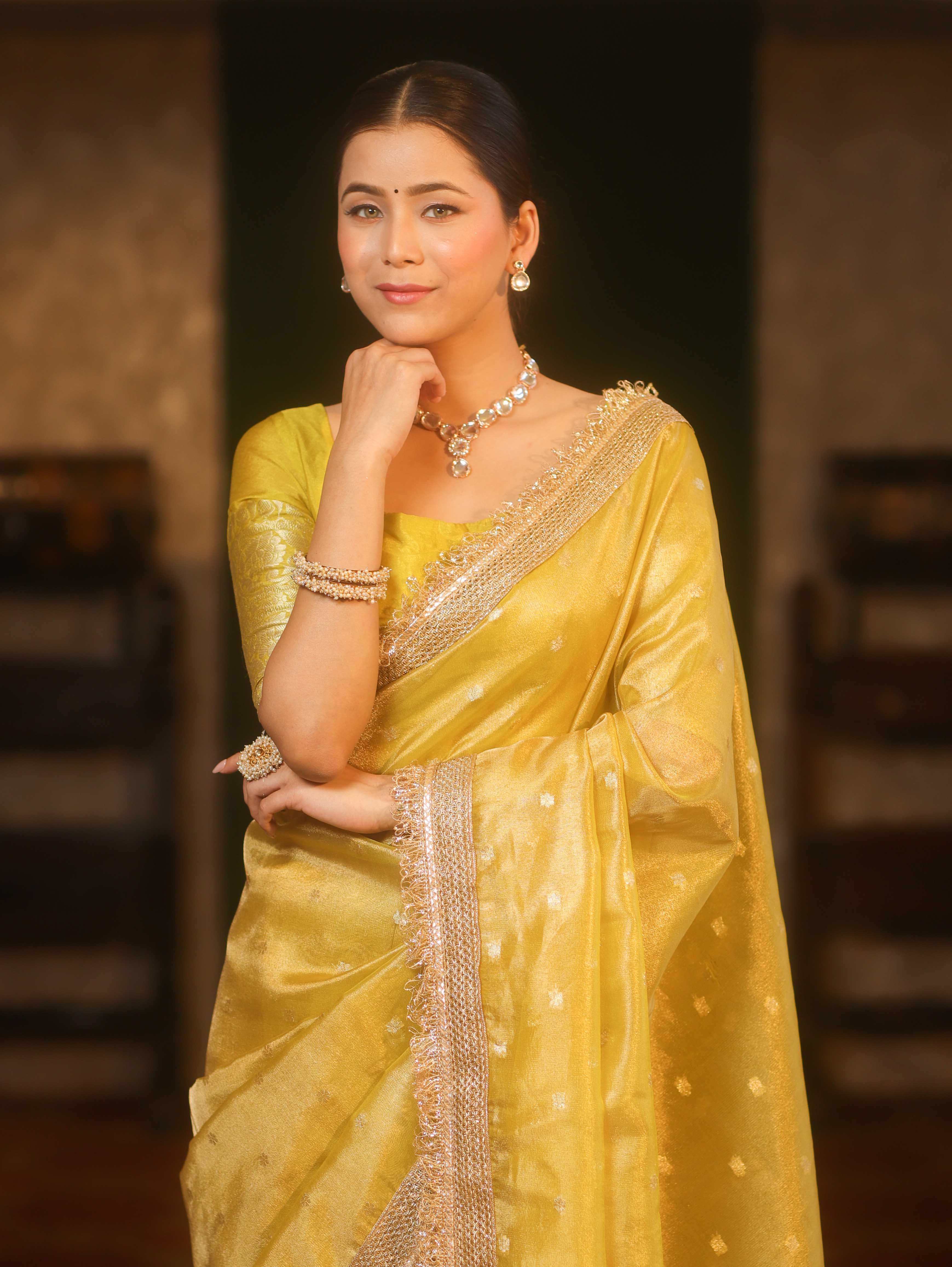 Tissue Mustard Yellow Saree with Zari Buti & Lace