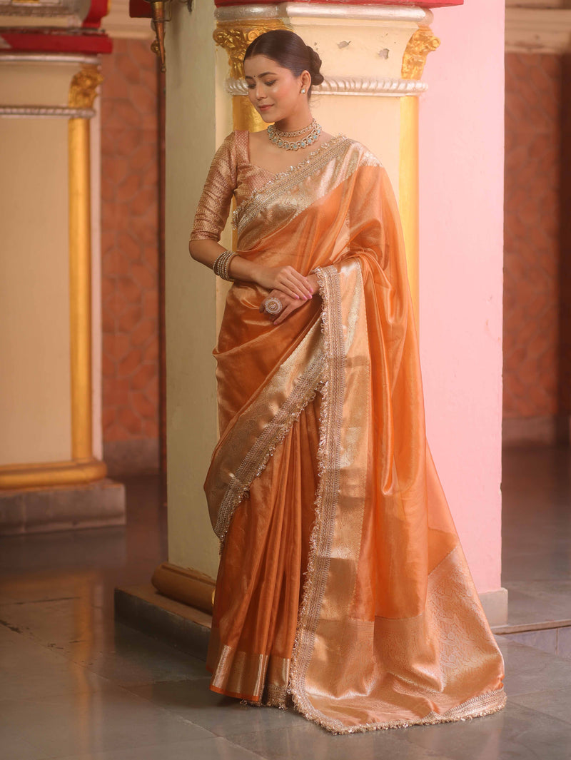 Peach Tissue Saree with Zari Lace Border