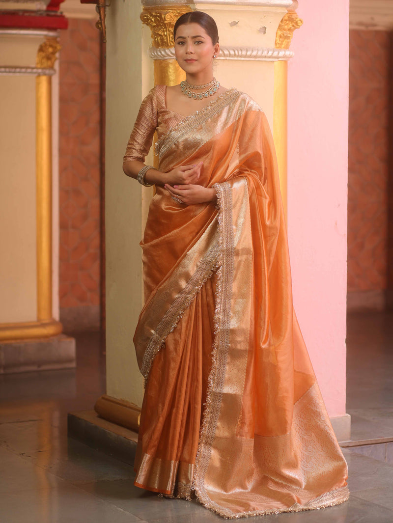 Peach Tissue Saree with Zari Lace Border