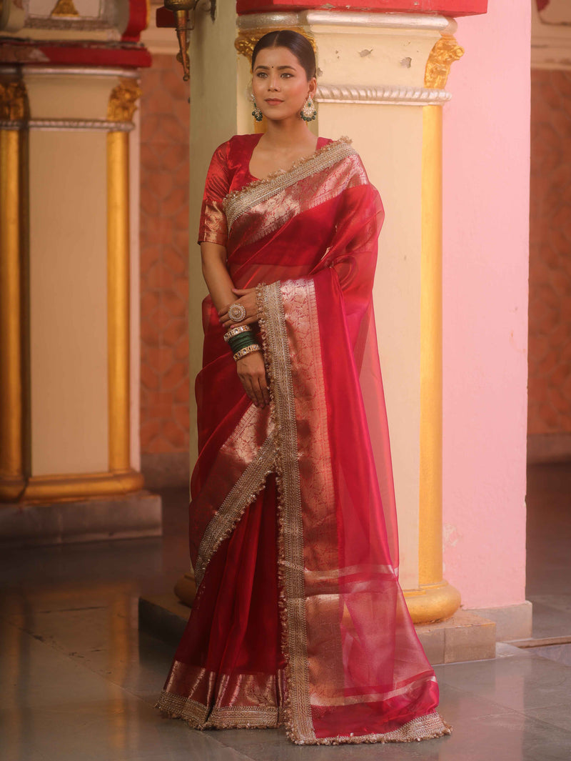 Red Tissue Saree with Zari Lace Border