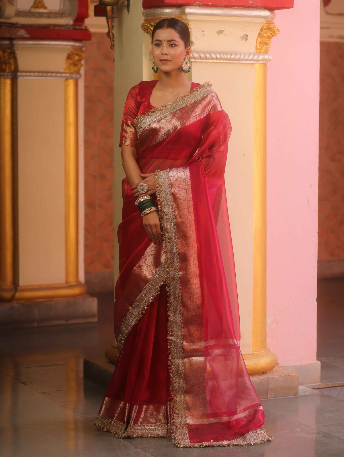Red Tissue Saree with Zari Lace Border