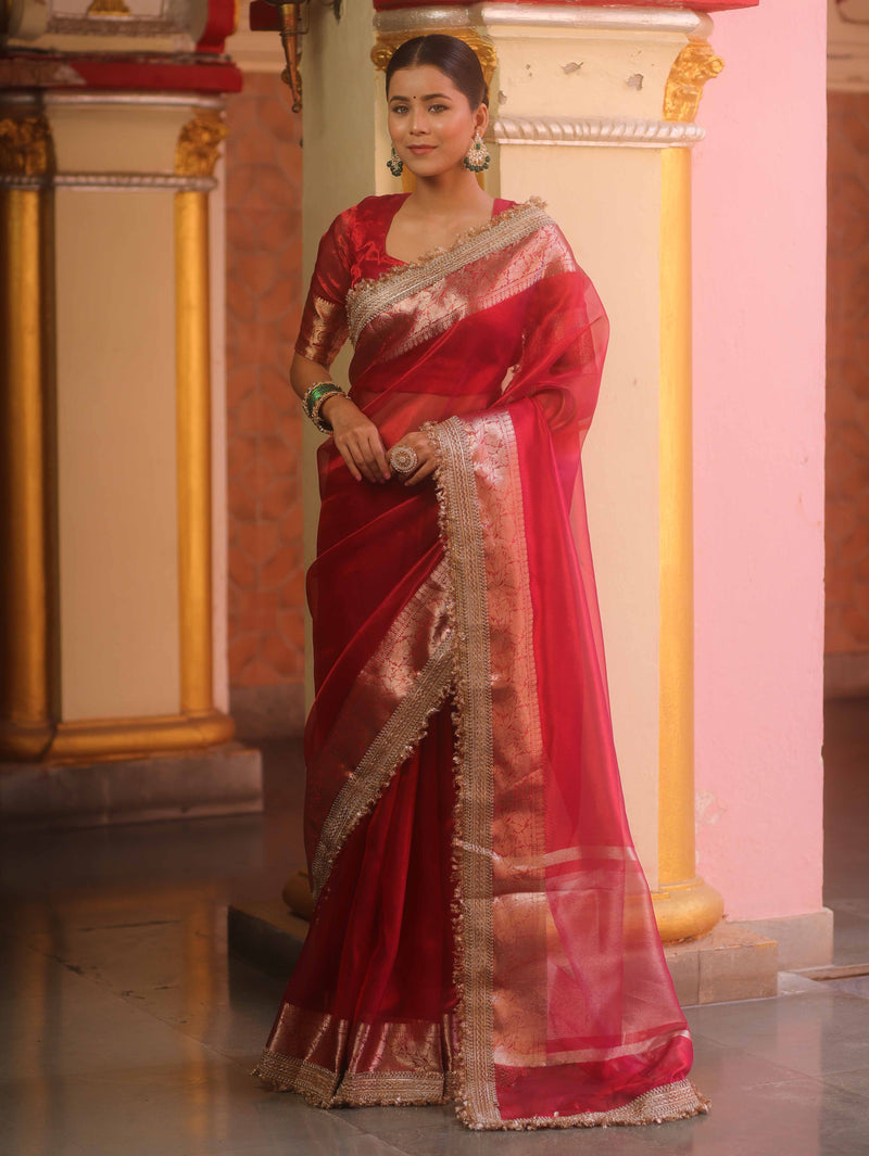 Red Tissue Saree with Zari Lace Border