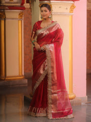 Red Tissue Saree with Zari Lace Border