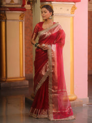 Red Tissue Saree with Zari Lace Border