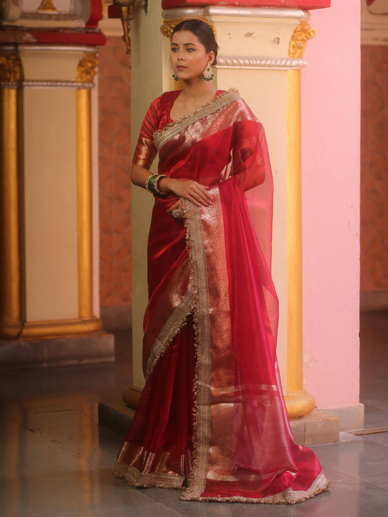 Red Tissue Saree with Zari Lace Border