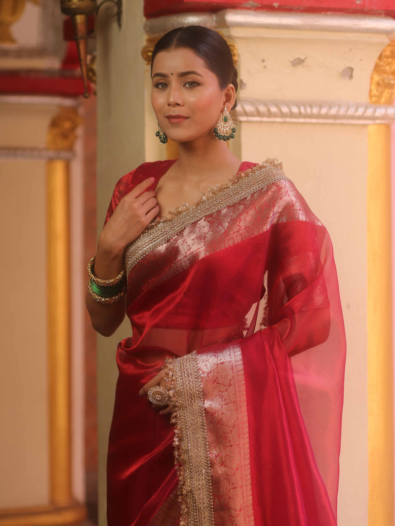 Red Tissue Saree with Zari Lace Border