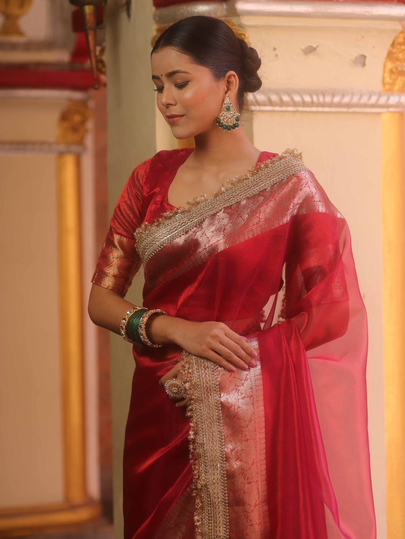 Red Tissue Saree with Zari Lace Border
