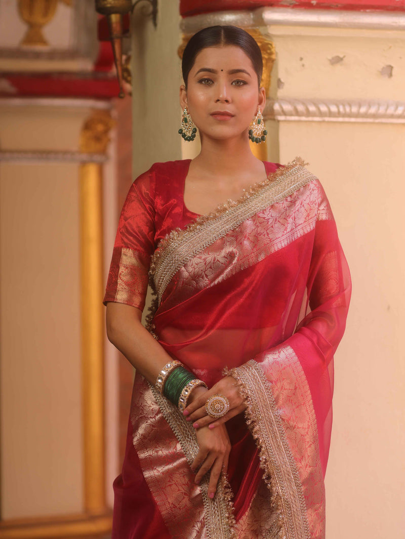 Red Tissue Saree with Zari Lace Border