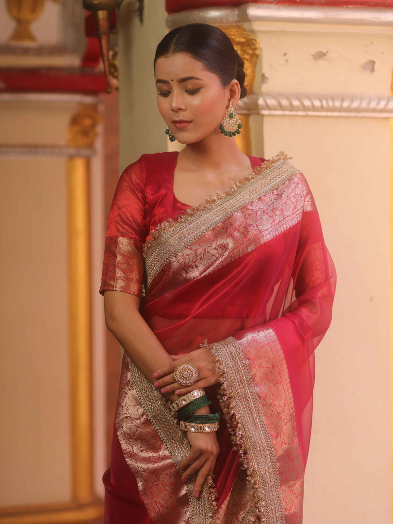 Red Tissue Saree with Zari Lace Border