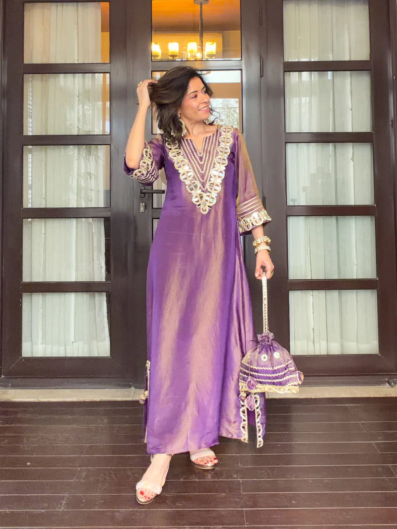 Purple Prism Tissue Dress with potli