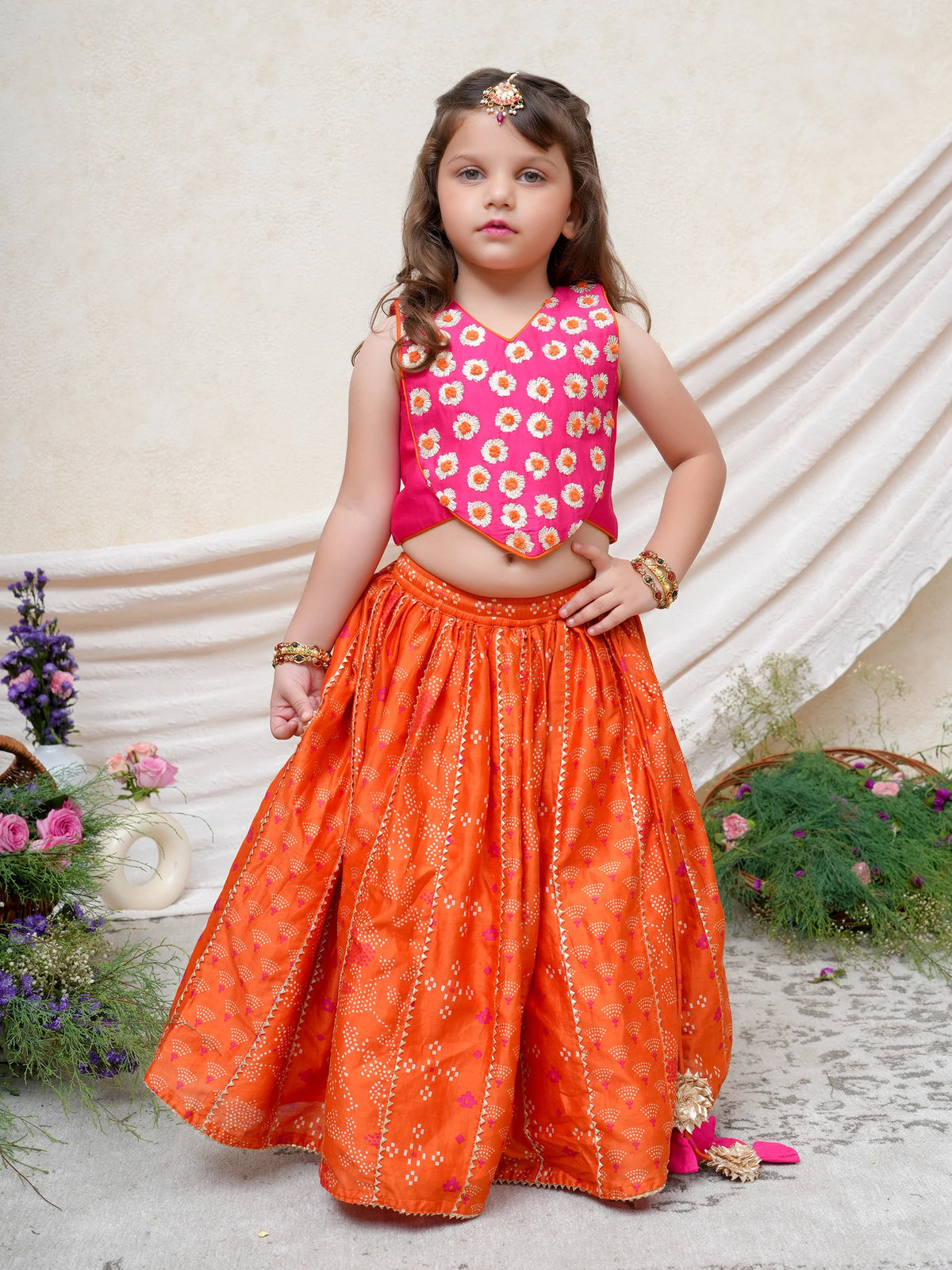 Hot Pink Orange Chanderi Gota Ghaghra Set