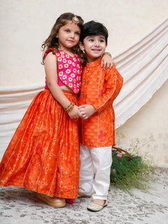 Hot Pink Orange Chanderi Gota Ghaghra Set
