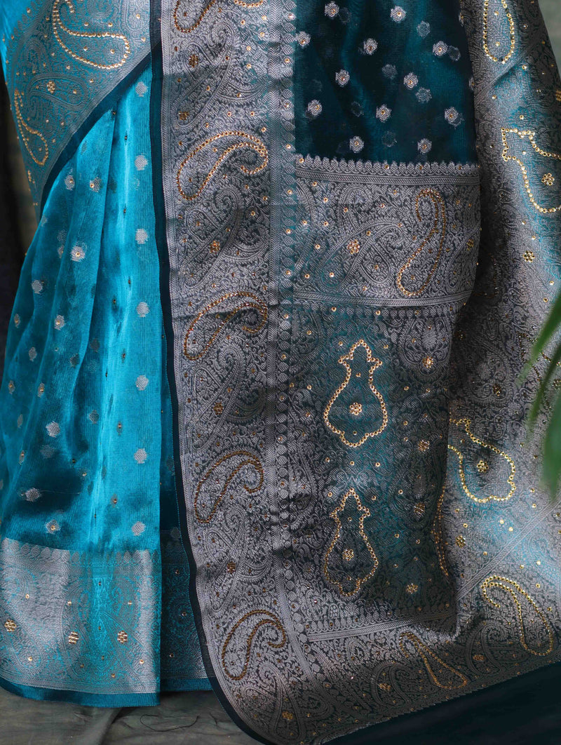 Turquoise Blue Banarasi Tissue Saree Swarovski