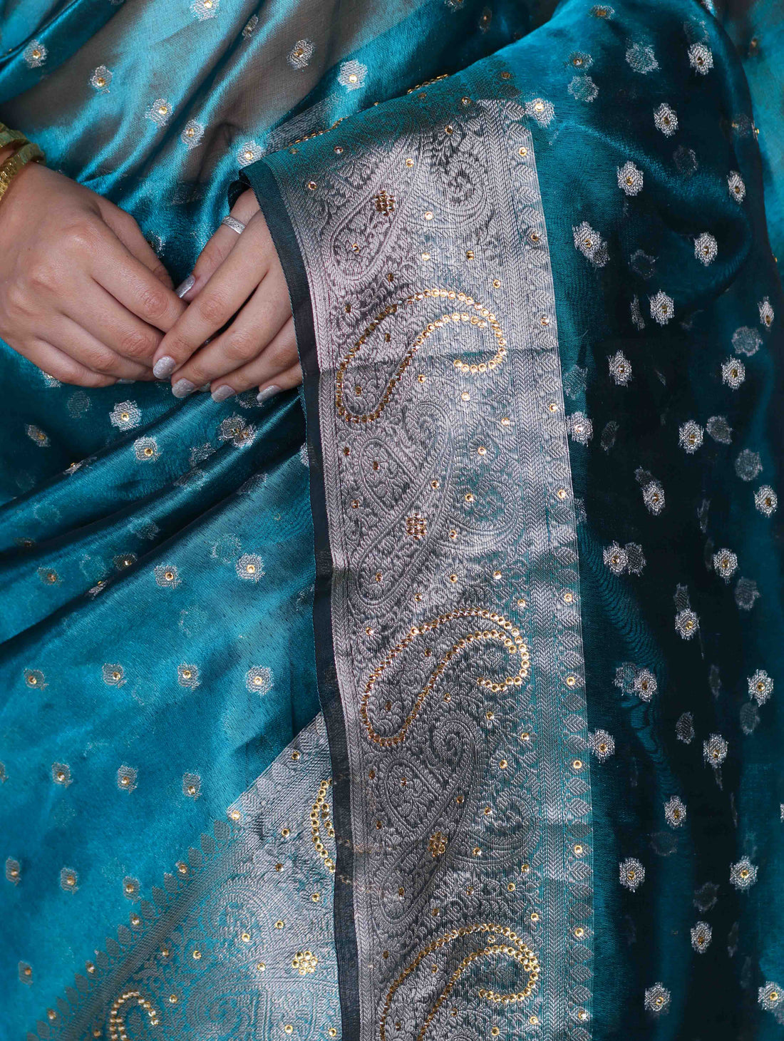 Turquoise Blue Banarasi Tissue Saree Swarovski