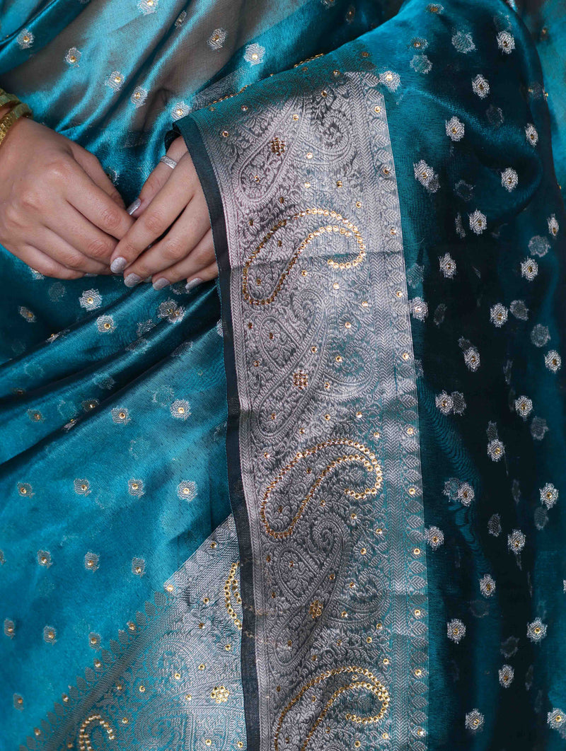 Turquoise Blue Banarasi Tissue Saree Swarovski