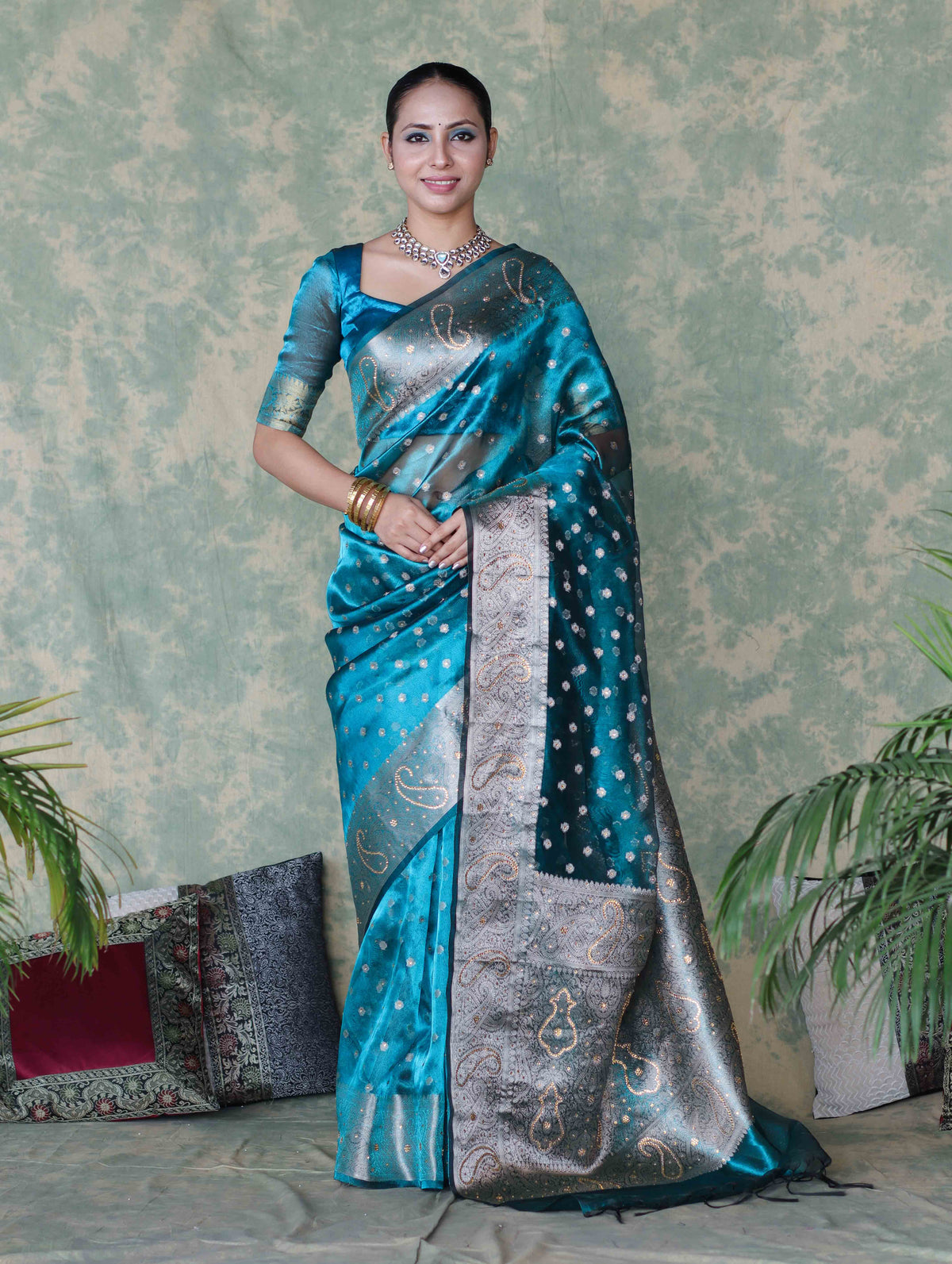 Turquoise Blue Banarasi Tissue Saree Swarovski