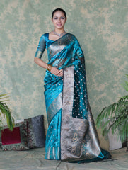 Turquoise Blue Banarasi Tissue Saree Swarovski