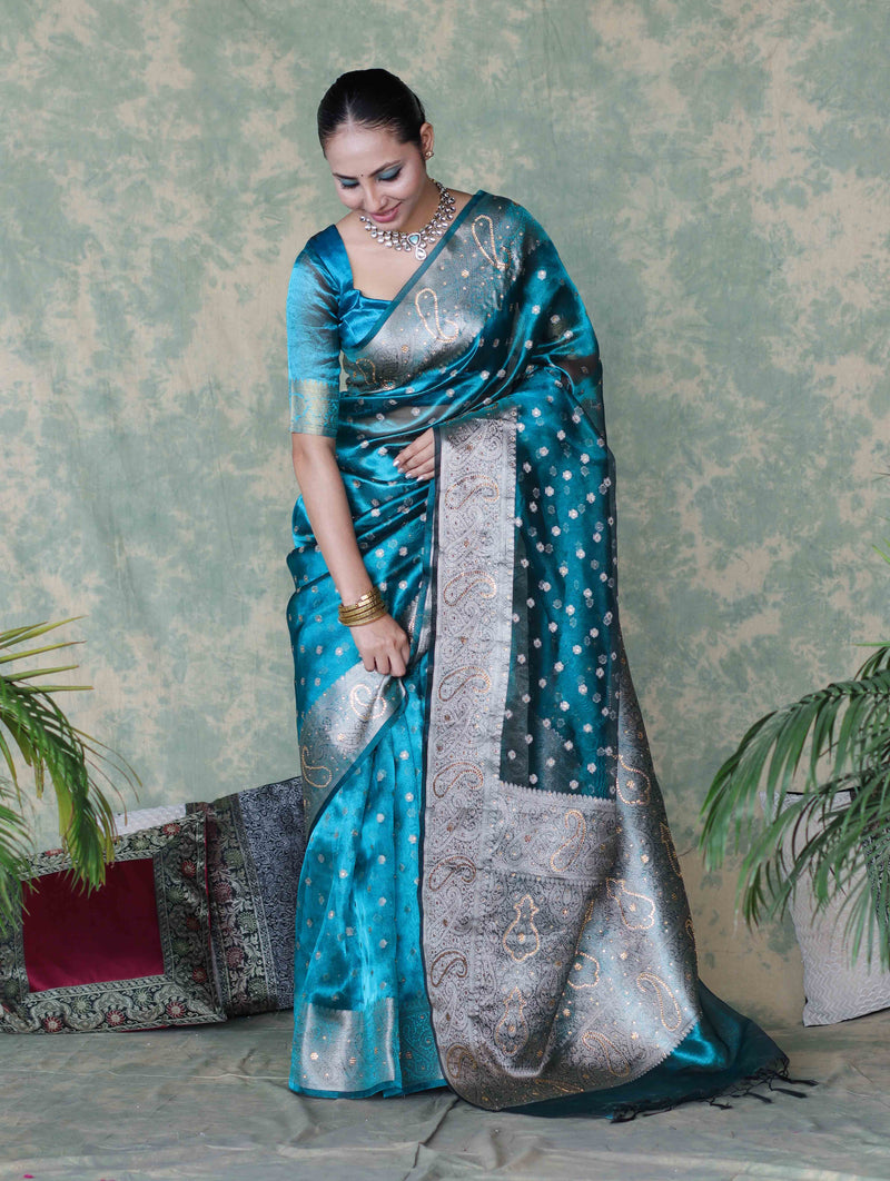 Turquoise Blue Banarasi Tissue Saree Swarovski
