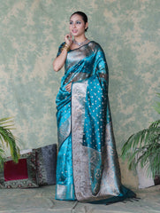Turquoise Blue Banarasi Tissue Saree Swarovski