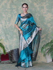 Turquoise Blue Banarasi Tissue Saree Swarovski