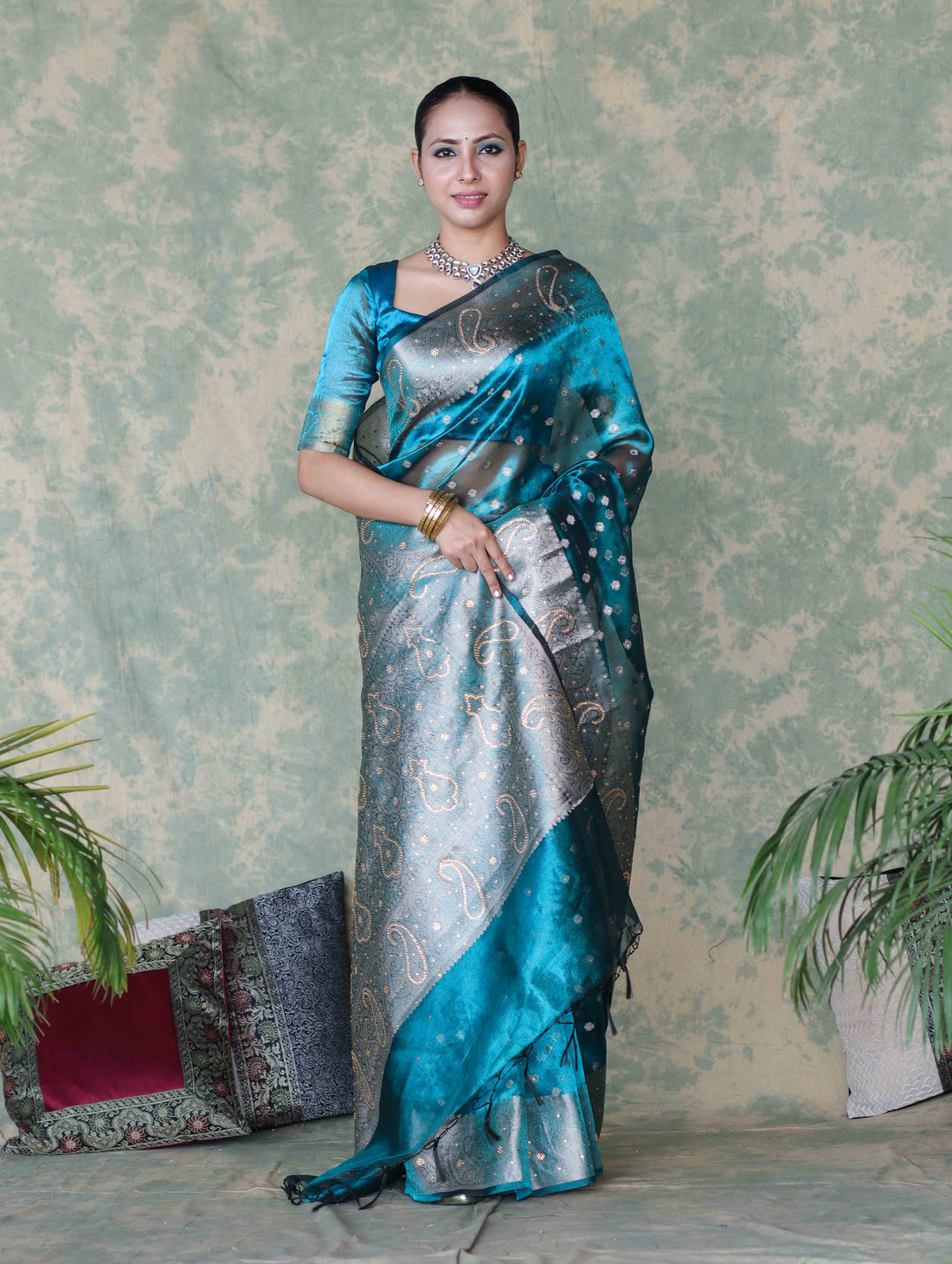 Turquoise Blue Banarasi Tissue Saree Swarovski