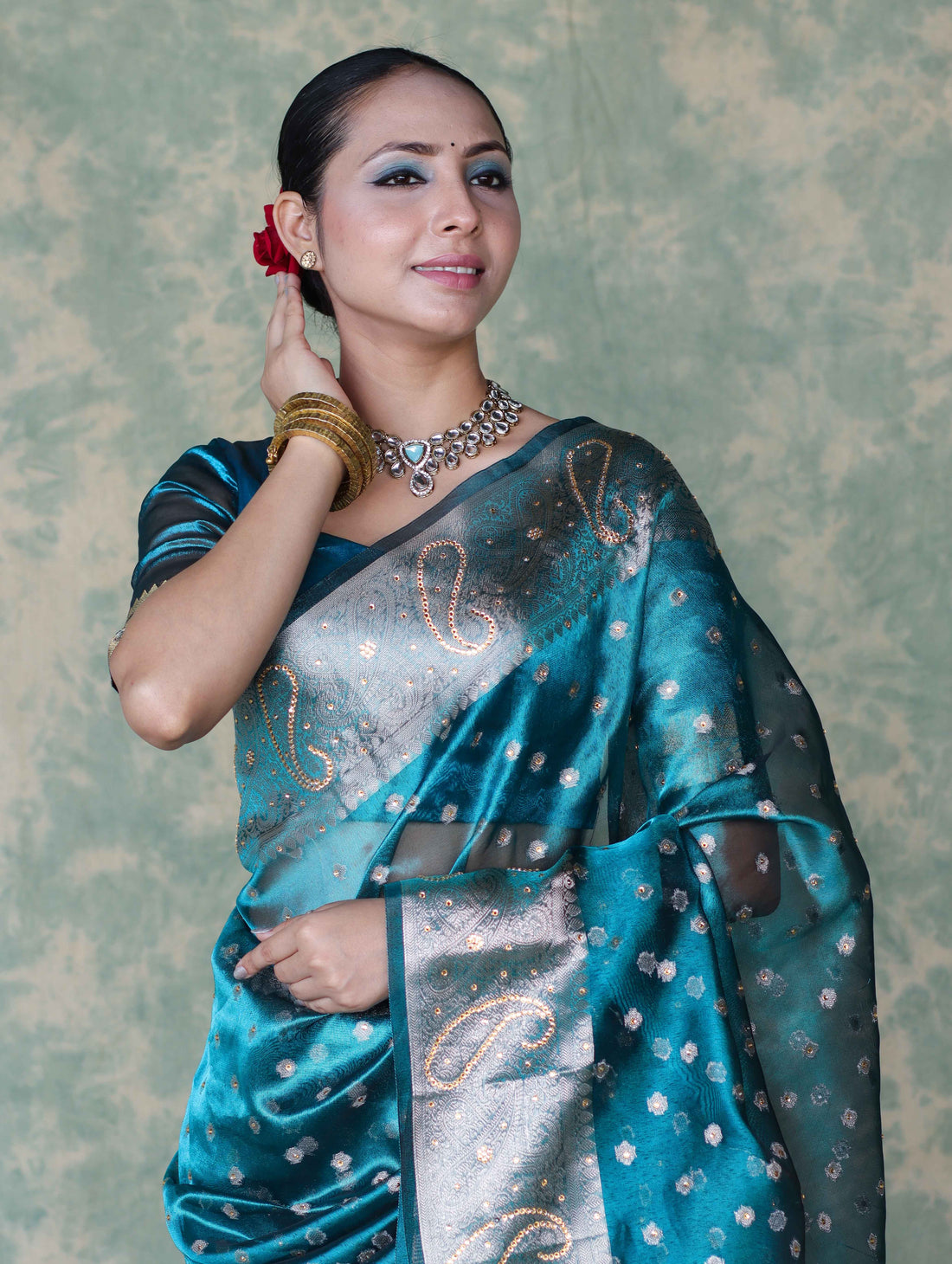 Turquoise Blue Banarasi Tissue Saree Swarovski