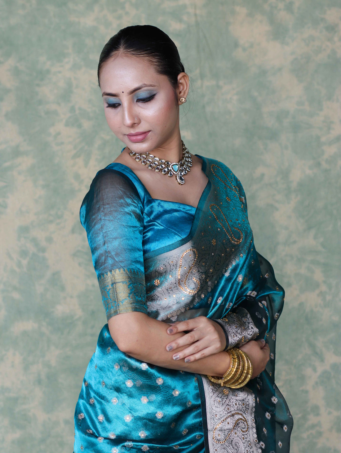 Turquoise Blue Banarasi Tissue Saree Swarovski