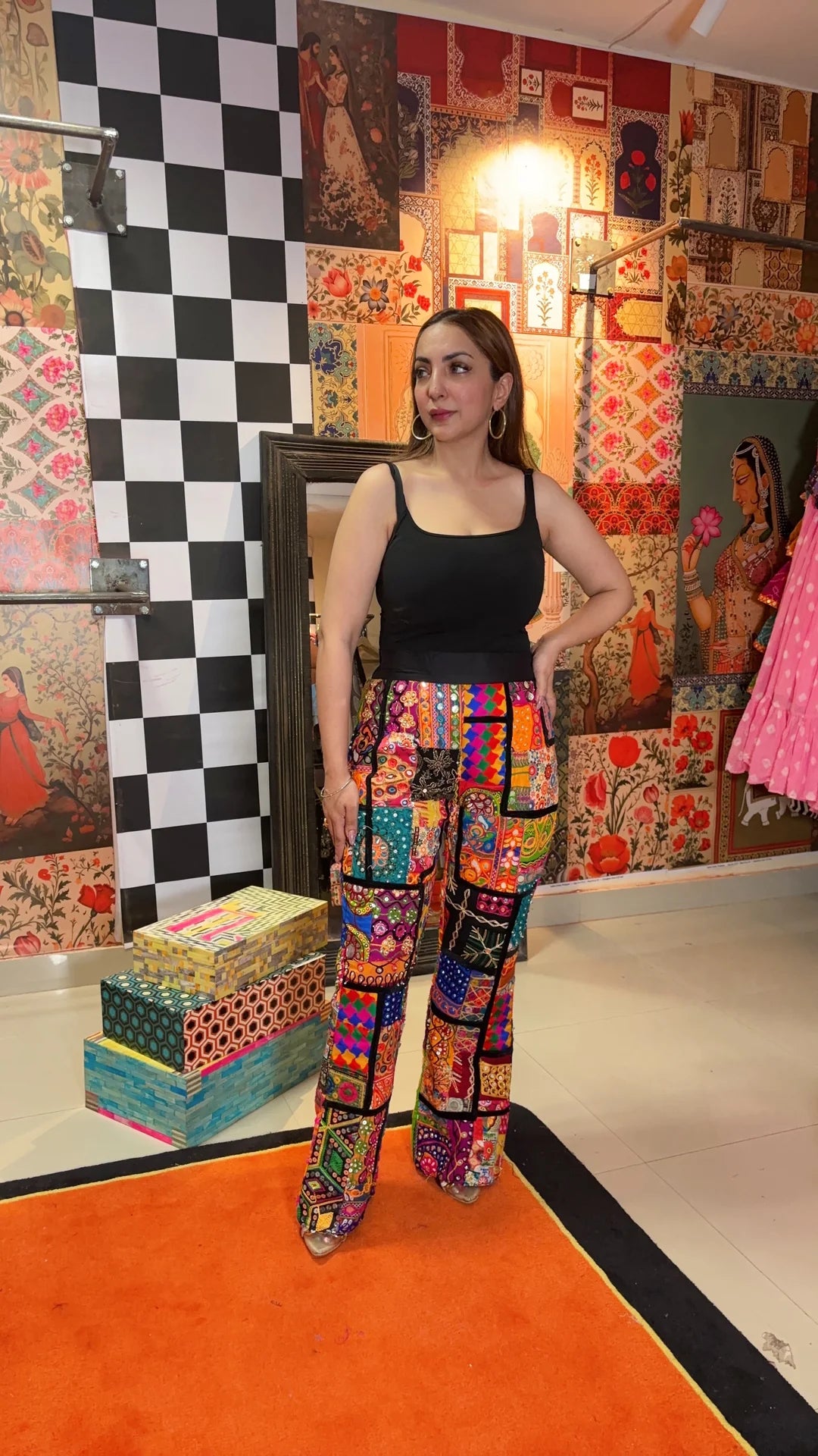 Embroidered Cotton Patchwork Flared Pants