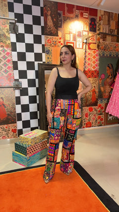Embroidered Cotton Patchwork Flared Pants