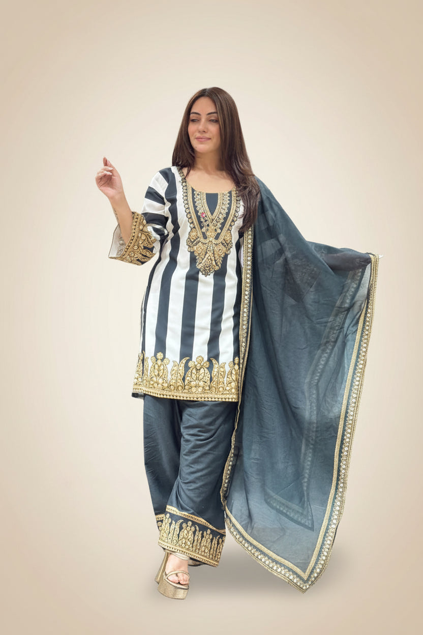 Black & White Printed Muslin Farshi Salwar Set