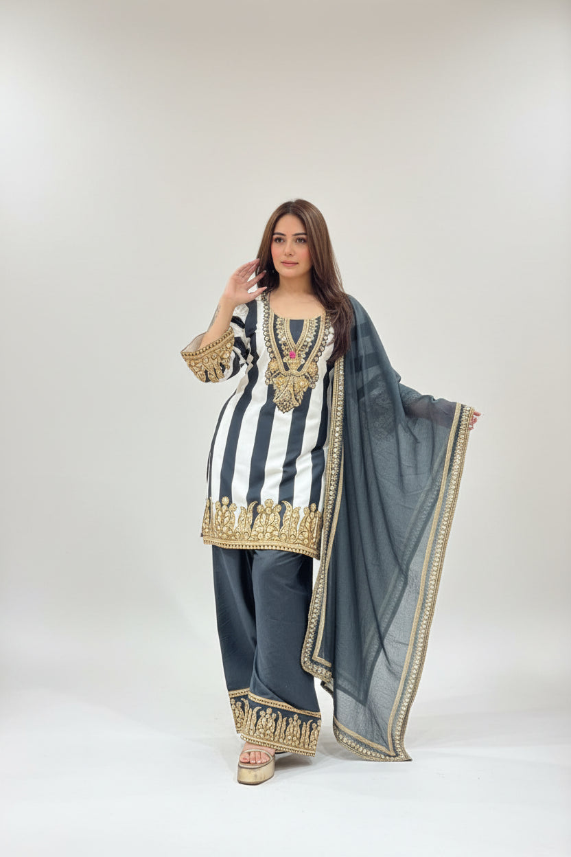 Black & White Printed Muslin Farshi Salwar Set