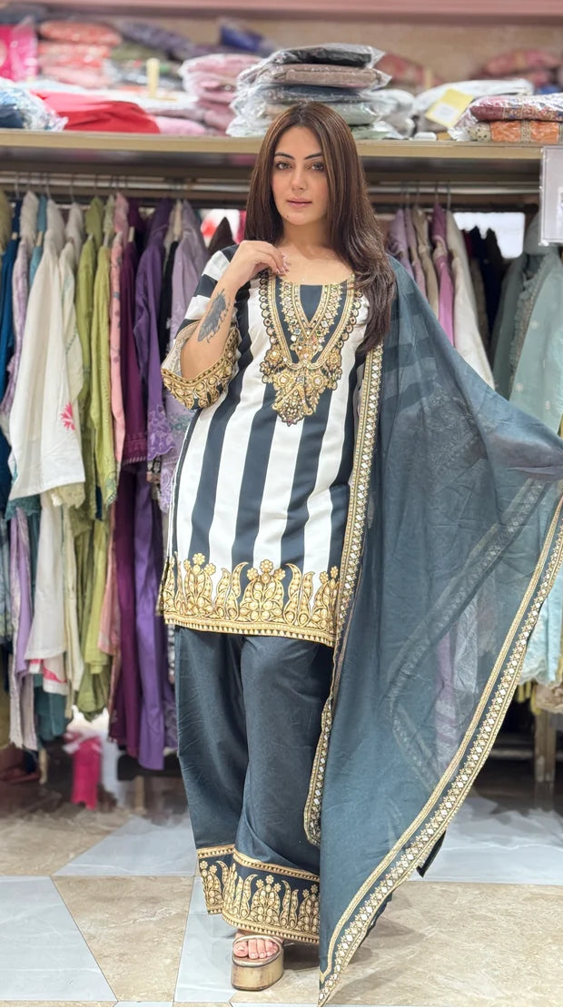 Black & White Printed Muslin Farshi Salwar Set