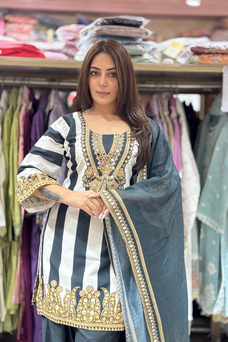 Black & White Printed Muslin Farshi Salwar Set
