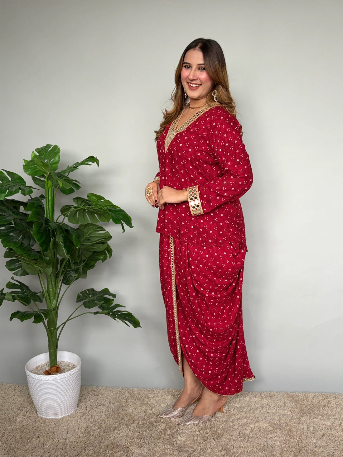 Red Rayon Bandhani Mirrorwork Skirt Set