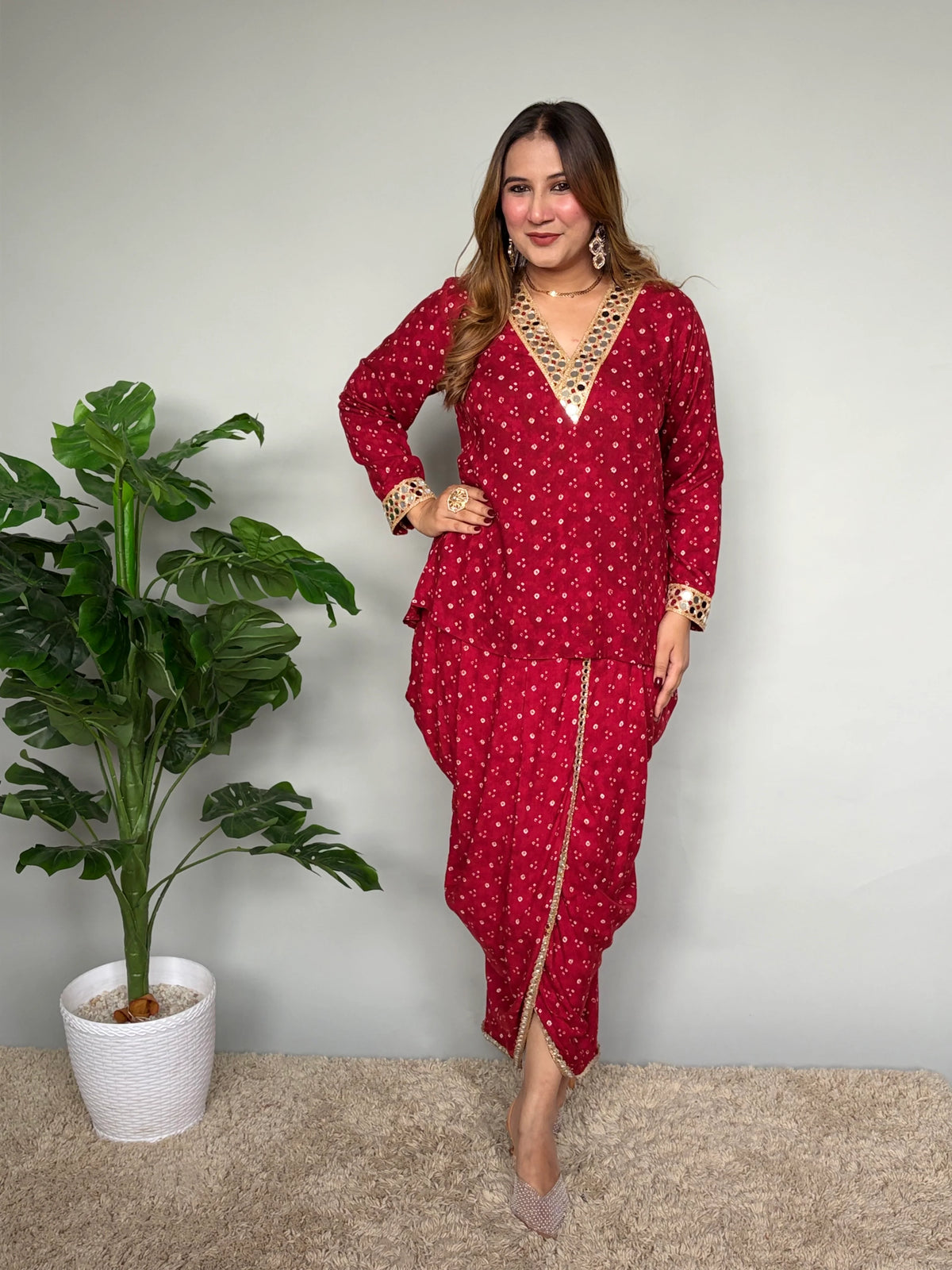 Red Rayon Bandhani Mirrorwork Skirt Set