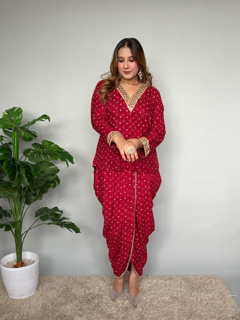 Red Rayon Bandhani Mirrorwork Skirt Set