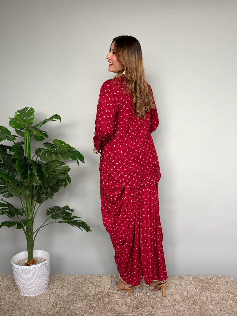 Red Rayon Bandhani Mirrorwork Skirt Set